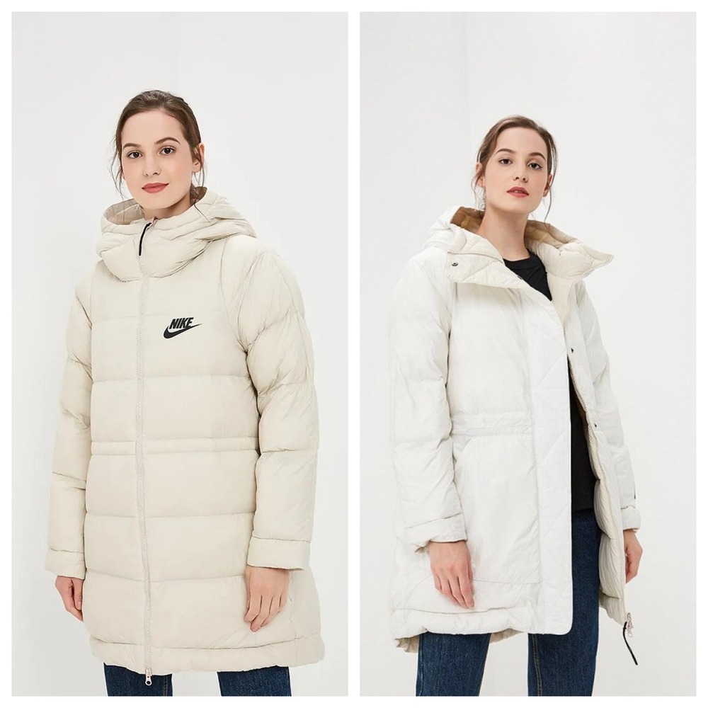 Nike Swoosh Sz M Down Filled Puffer Jacket Reversible Hooded Warm Stadium Cream